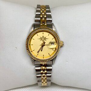 Vintage women’s gold silver tone date watch quartz 25mm up to 7.5” running